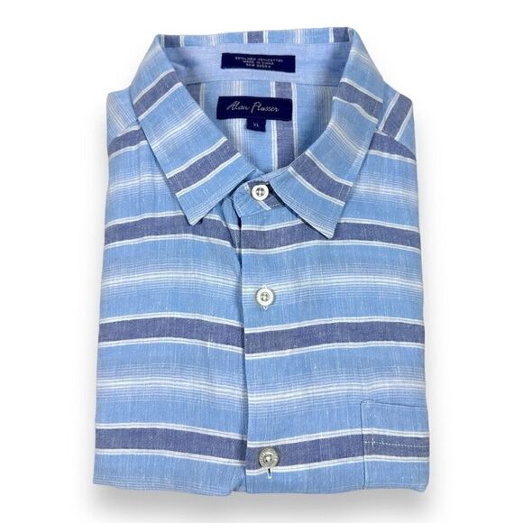 Alan Flusser Shirt Mens Extra Large XL Blue Linen Blend Short Sleeve Button Down - Picture 1 of 7